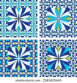 Spain seamless pattern. Vintage Mediterranean ceramic tile texture retro symmetrical shapes azulejo pattern tiling. Geometric tiles patterns and wall print abstract design textures vector set