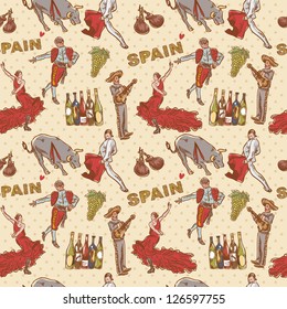 Spain seamless repeating pattern with traditional spanish symbols on dot background