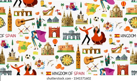 Spain Seamless Travel Icons Pattern. Spain Travel Map. Vector Illustration.