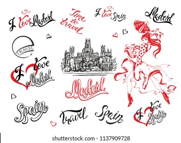 Spain. Set of elements. A sketch of the Cibeles Palace in Madrid. Stylish lettering. The dancing Spanish girl in a national dress. Inscriptions. Flamenco. Vector.
