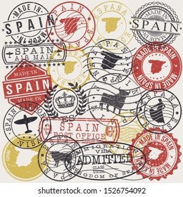 Spain Set of Stamps. Travel Passport Stamp. Made In Product. Design Seals Old Style Insignia. Icon Clip Art Vector.