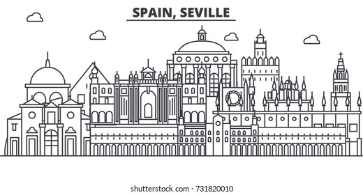 España, Sevilla arquitectura línea de la línea de la línea de la línea de la línea de la línea. Paisaje de ciudad vectorial lineal con puntos de referencia famosos, vistas de la ciudad, iconos de diseño. Paisaje con trazos editables