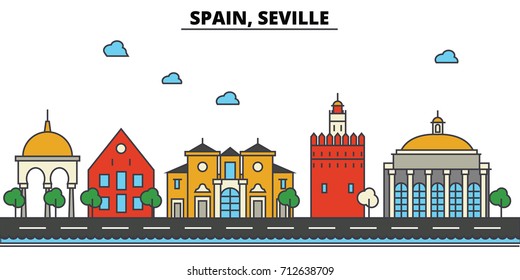 Spain, Seville. City skyline: architecture, buildings, streets, silhouette, landscape, panorama, landmarks. Editable strokes. Flat design line vector illustration concept. Isolated icons set