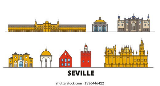 Spain, Seville flat landmarks vector illustration. Spain, Seville line city with famous travel sights, skyline, design. 