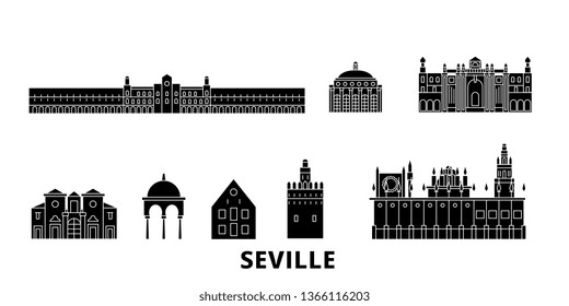 Spain, Seville flat travel skyline set. Spain, Seville black city vector illustration, symbol, travel sights, landmarks.