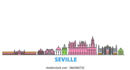 Spain, Seville line cityscape, flat vector. Travel city landmark, oultine illustration, line world icons