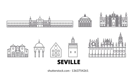 España, Sevilla línea de viaje en horizonte. España, Sevilla contorno ilustración de ciudad vectorial, símbolo, monumentos de viaje, monumentos.