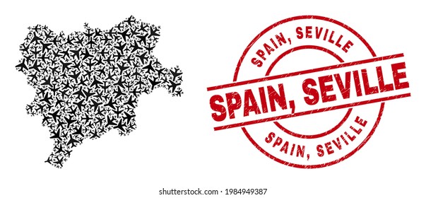 Spain, Seville scratched seal, and Albacete Province map mosaic of airliner items. Mosaic Albacete Province map designed of air planes. Red watermark with Spain, Seville text,