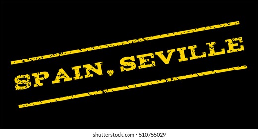 Spain Seville watermark stamp. Text tag between parallel lines with grunge design style. Rubber seal stamp with dirty texture. Vector yellow color ink imprint on a blue background.