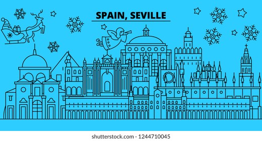 Spain, Seville winter holidays skyline. Merry Christmas, Happy New Year decorated banner with Santa Claus.Spain, Seville linear christmas city vector flat illustration