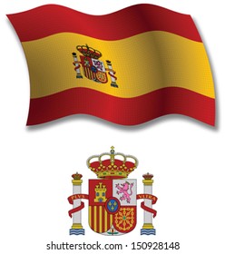 spain shadowed textured wavy flag and coat of arms against white background, vector art illustration, image contains transparency transparency