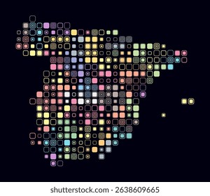 Spain, shape of the country build of colored cells. Digital style map of the Spain on dark background. Large size rounded square blocks. Abstract vector illustration.