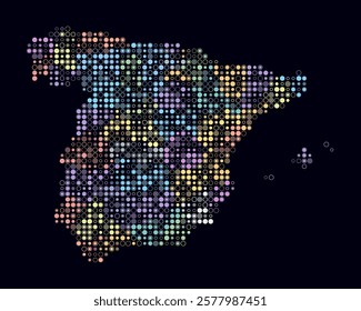 Spain, shape of the country built of colored cells. Digital style map of Spain on a dark background. Beautiful vector illustration.