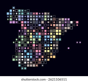 Spanien, Form des Landes aus farbigen Zellen zu bauen. Digitale Stilkarte von Spanien auf dunklem Hintergrund. Große quadratische Blöcke. Einfache Vektorgrafik.