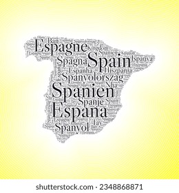 Spain shape formed by country name in multiple languages. Spain border on stylish striped gradient background. Vibrant poster. Stylish vector illustration.