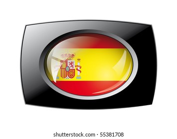 Spain shiny button flag with black frame -  vector illustration. Isolated abstract object against white background.