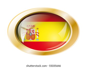 Spain shiny button flag with golden ring vector illustration. Isolated abstract object against white background.
