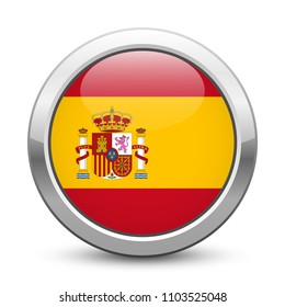 Spain - shiny metallic button with national flag. Spanish symbol isolated on white background. Vector EPS10