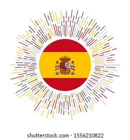 Spain sign. Country flag with colorful rays. Radiant sunburst with Spain flag. Vector illustration.