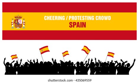 Spain silhouettes of cheering or protesting crowd of people with flags and banners of Spain.