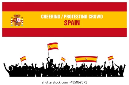 Spain silhouettes of cheering or protesting crowd of people with flags and banners of Spain.