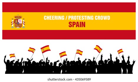 Spain silhouettes of cheering or protesting crowd of people with flags and banners of Spain.