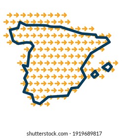 Mapa de esquema simple de España con flechas guía de dirección amarilla.