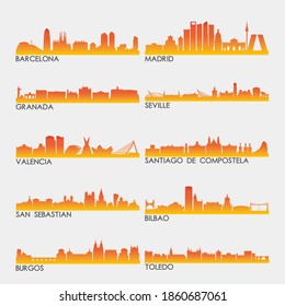 Spain Skyline City Silhouette Design Collection. Vector Illustration Set Clip Art.