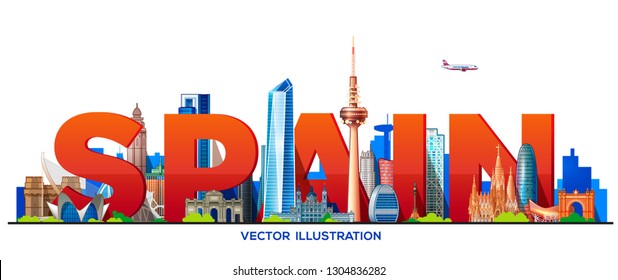 Spain skyline illustration on a white background. Flat vector illustration. Business travel and tourism concept with modern buildings. Image for banner or web site.