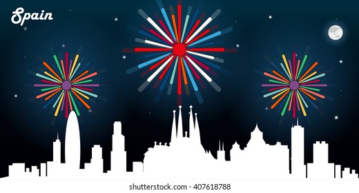 Spain skyline silhouette, dark night sky with fireworks vector design