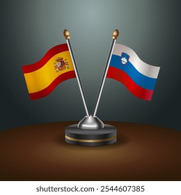 Spanien und Slowenien Tischfahnen mit Farbverlauf-Hintergrund. Vektorgrafik