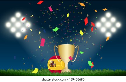 Spain soccer ball and winner cup with confetti on the field in stadium to celebrate for football match in night time with spot light backdrop, This design for template , banner in vector illustration