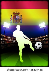 Spain Soccer Player with Flag on Stadium Background Original Illustration