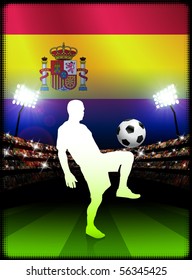Spain Soccer Player with Flag on Stadium Background Original Illustration