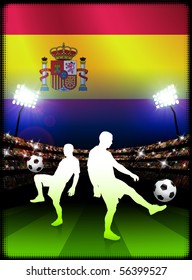 Spain Soccer Player with Flag on Stadium Background Original Illustration