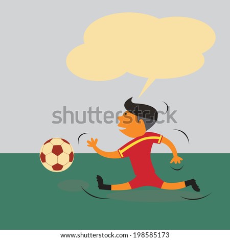 Spain soccer player running after ball with blank balloon above for fill some words