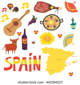 Spain and Spanish touristic symbols. Food and drinks, national music, traditions and culture. For language schools and travel agencies. isolated