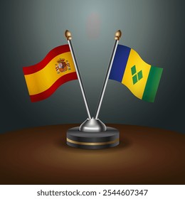 Spain and ST. Vincent Grenadines table flags relation  with gradient backgrund. Vector Illustration