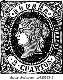 Spain Stamp (2 cuartos) from 1862, a small adhesive piece of paper stuck to something to show an amount of money paid, mainly a postage stamp, vintage line drawing or engraving illustration.