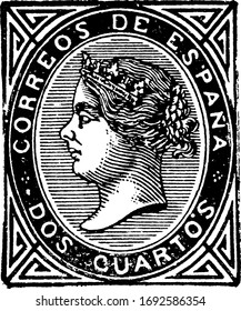 Spain Stamp (2 cuartos) from 1867, a small adhesive piece of paper stuck to something to show an amount of money paid, mainly a postage stamp, vintage line drawing or engraving illustration.