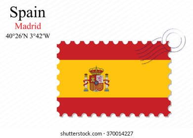 spain stamp design over stripy background, abstract vector art illustration, image contains transparency