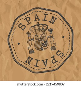 Pasaporte de España para viajes con sello. Diseñar el país de símbolos retro. Antigua marca postal de época.