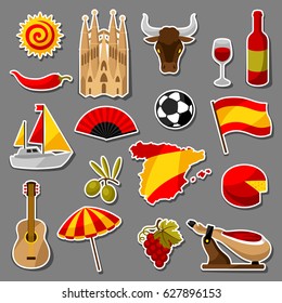 Spain sticker icons set. Spanish traditional symbols and objects.