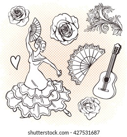  Spain style. Hand hand-drawn doodles with summer hipster symbols. Adult coloring book set doodle icons.  Vector isolated illustration. Good elements for coloring book or scrap booking.  