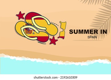 Spain summer holiday vector banner, beach vacation concept, flip flops sunglasses starfish on sand, copy space area, Spain summer travel and tourism idea with flag