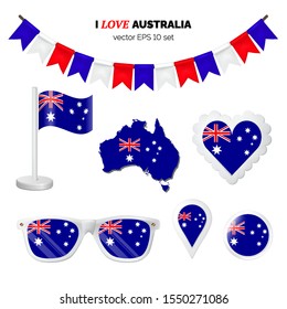 Spain symbols attributes. Heart, flags, glasses, buttons and garlands with civil and state Spanish colors. Vector illustration for your graphic design.