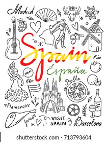 Spain symbols and illustrations. Spain hand drawn elements. Visit Spain vector clipart