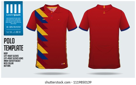 Spain Team Polo t-shirt sport template design for soccer jersey, football kit or sportwear. Classic collar sport uniform in front view and back view. T-shirt mock up for sport club. Vector