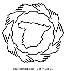 Spain teamwork icon, group of people holding arms around Spain map, community working together concept, helping hand, diversity and inclusion, isolated line vector illustration