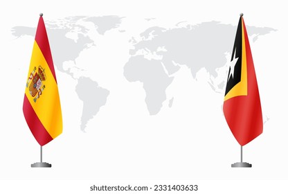 Spain and Timor-Leste flags for official meeting against background of world map.